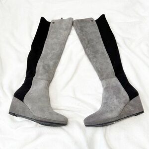 Vince Camuto Alexila knee high wedge boots. Grey suede stretch sides size 8.5